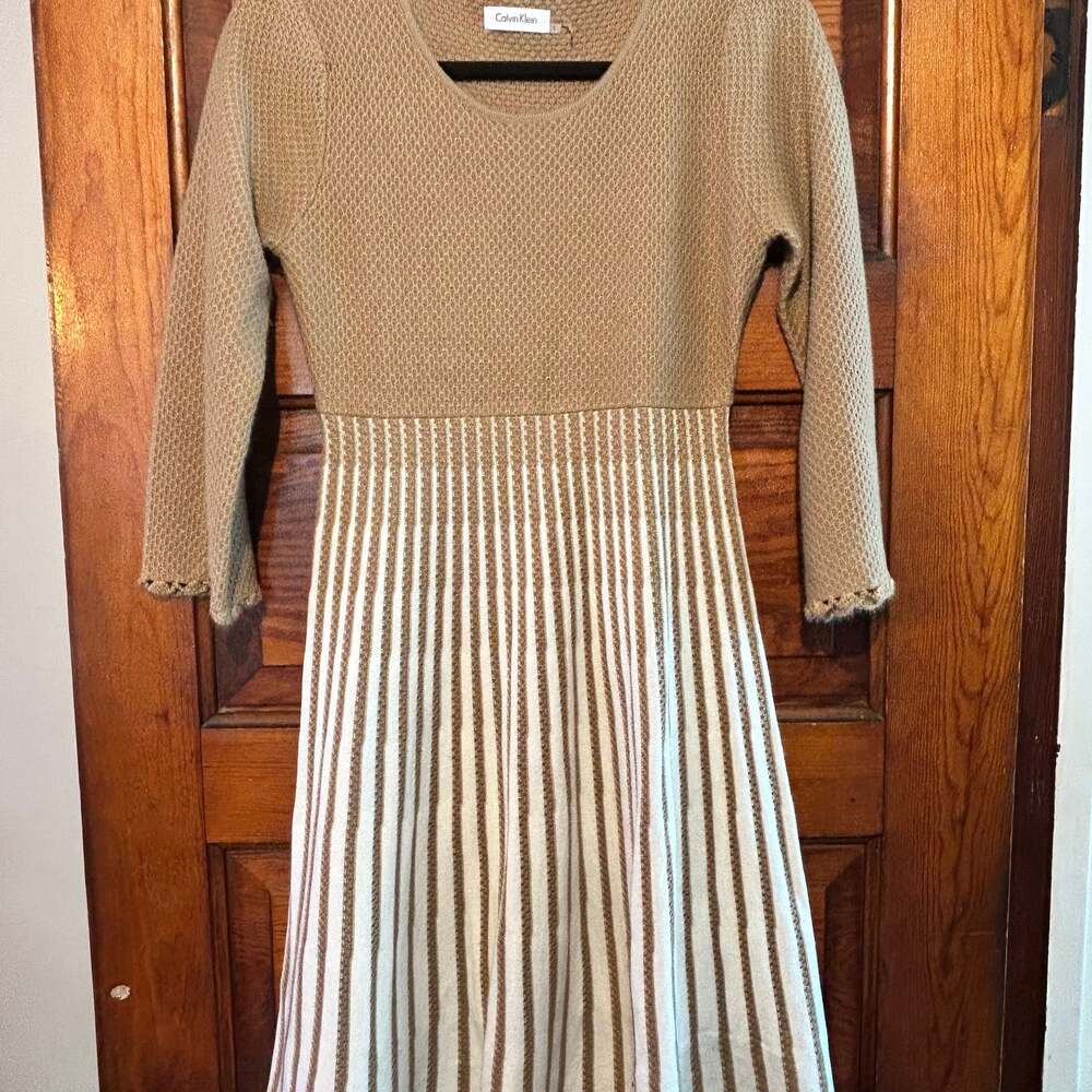 Calvin Klein Long Sleeve Knit Fit & Flare Dress in Brown and Cream Striped